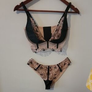 Victoria Secret Lace Trimmed Black and Blus Lingerie Set